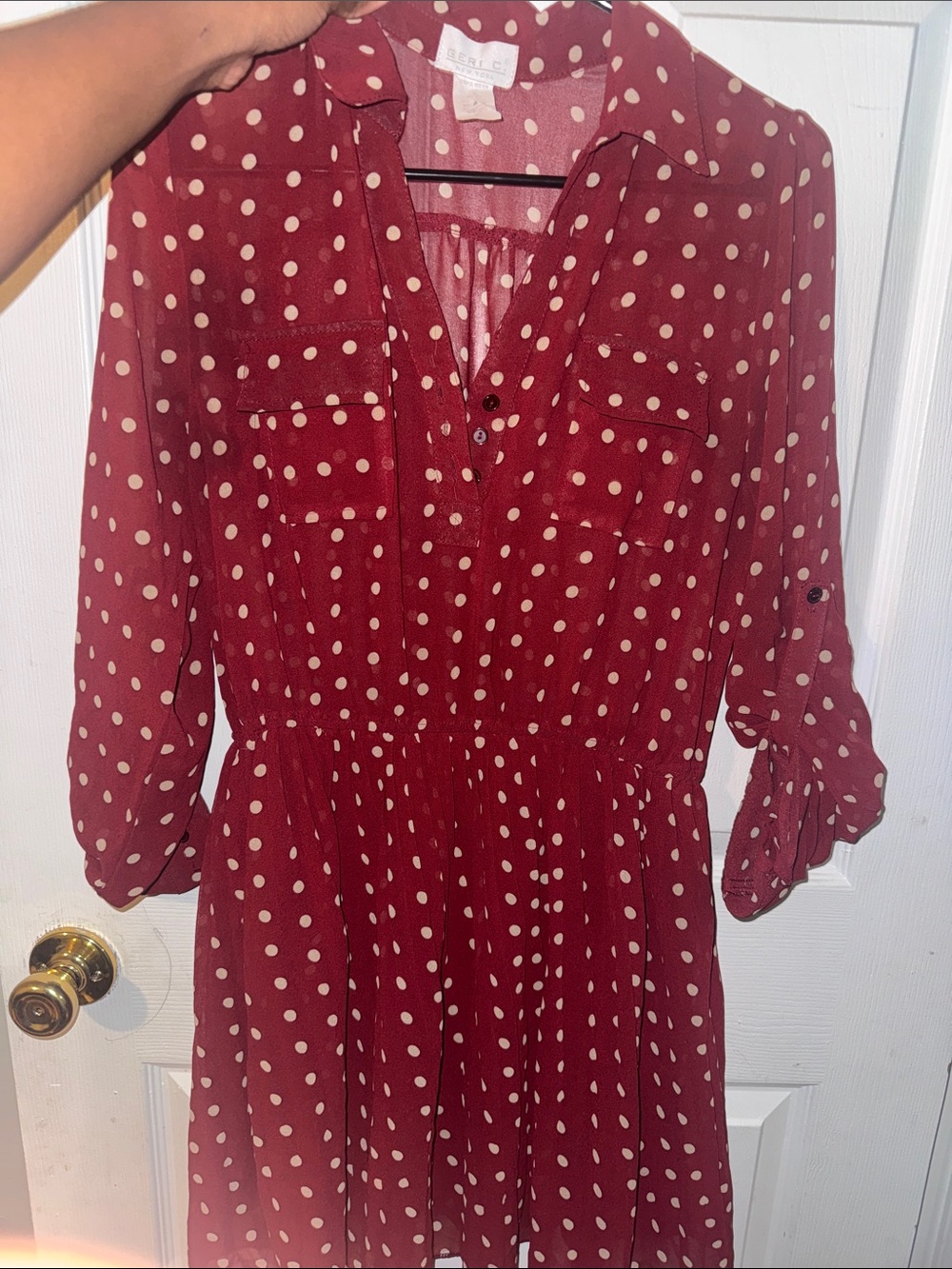 Apt. 9 Burgundy Polka Dot Long Sleeve Shirt Dress